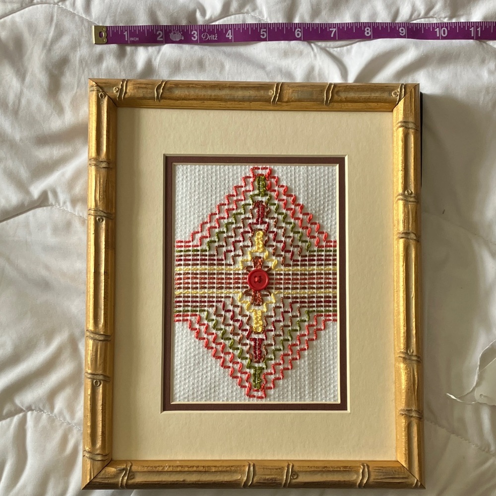 Hand Crafted Gold Frame Cross-Stitch with Red Button Accent